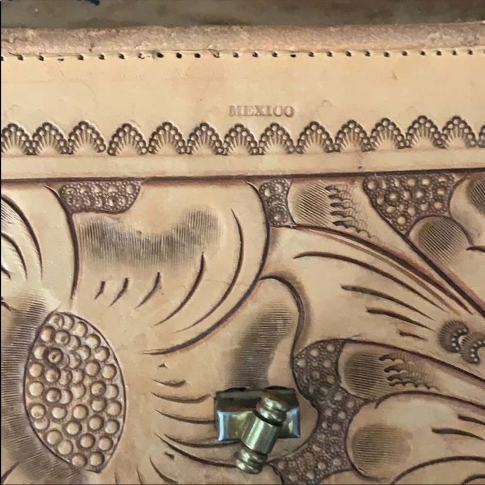 Vintage Tooled Leather Floral Shoulder Bag Turn Lock Closure Braided Accents - Picture 7 of 8
